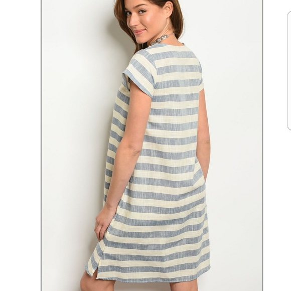 💦CREAM BLUE STRIPES DRESS-101 - Picture 2 of 2